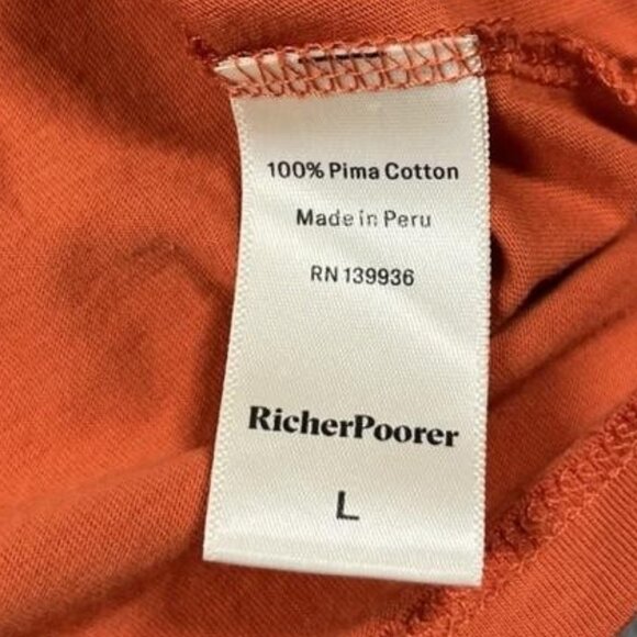 RicherPoorer Shirt Mens Large Orange Pima Cotton Crew Neck Pocket Tee Peru - Picture 3 of 6
